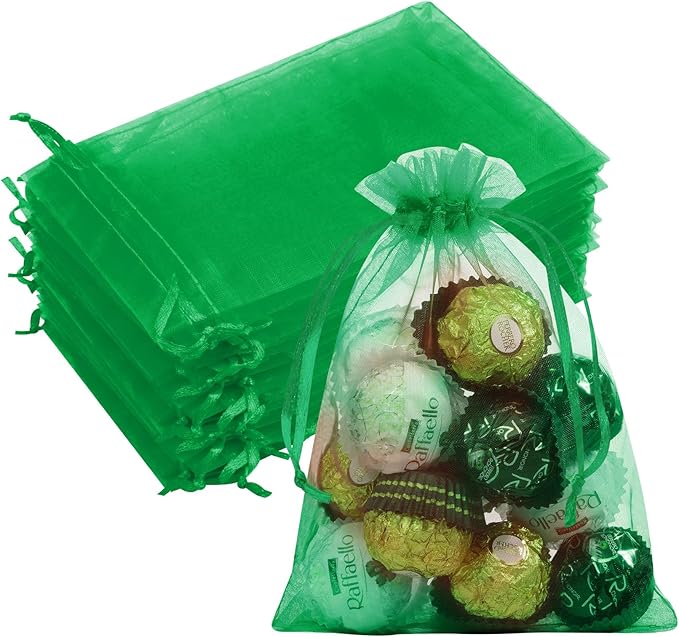 50 Pcs 5x7 Inch Organza Bags, Mesh Bags Drawstring Small Pouch Bag for Christmas Gift Party Favor (Christmas Green)