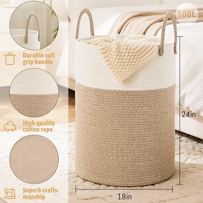 Laundry Basket,Woven Cotton Rope Laundry Hamper,100L for Decorative Storage of Dirty Clothes,Toys and Blankets in Bathroom,Baby Room and Living Room