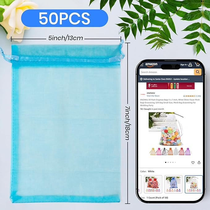 ANZNKU 50 Pack Organza Bags 5x7 Inch, Mesh Bag Drawstring Mesh Gift Bags for Baby Shower, Party Favors(Lake Blue)