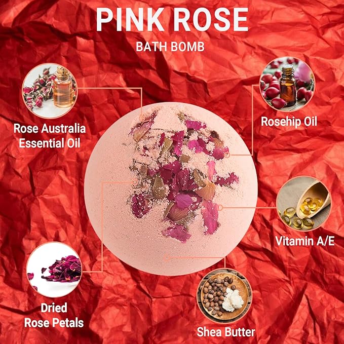 Bath Bombs for Women Spa Gift Set with Rose Essential Oils Sea Salt Relaxing Birthday Gift for Her Bubble Bath Skincare