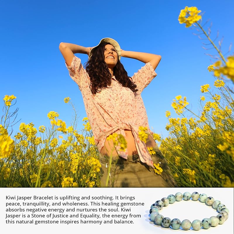 Kiwi Jasper Bracelet, Natural Healing Crystal Bracelet for Women and Men, 8mm Round Beaded Bracelet for Spiritual, Protection, Positive Energy, Elastic Adjustable Size Gemstone Bead Bracelet