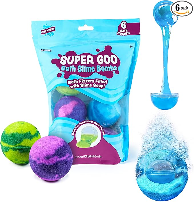 Tub Works Super Goo Bath Slime 'Surprise' Bombs, 6 Pack | Kids Bath Bombs With Surprise Inside | Nontoxic | Stretchy, Squishy Slime Soap | Sensory Fun for Kids