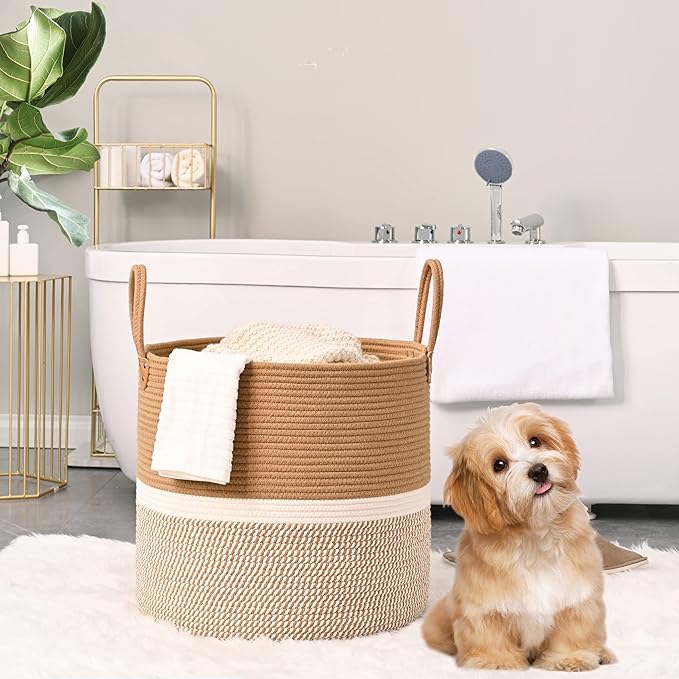 KAKAMAY Large Blanket Basket (18"x18"x16"),Woven Baby Laundry Hamper for Storage, Cotton Rope Blankets Baskets for Nursery, Laundry, Living Room, Pillows, Baby Toy chest with Handles (Brown)