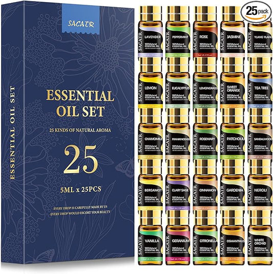 Essential Oil Set - Natural Essential Oils - Essential Oils Gift Set for Massage,Diffuser, Home Care, DIY Candle and Soap Making(25 * 5ML)
