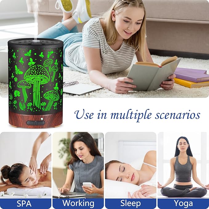 Essential Oil Diffuser- Aromatherapy Diffuser with7 Colors Light, and Auto-Off -Metal Cool Mist Humidifier for Home and Office（Mushroom + Bee）…