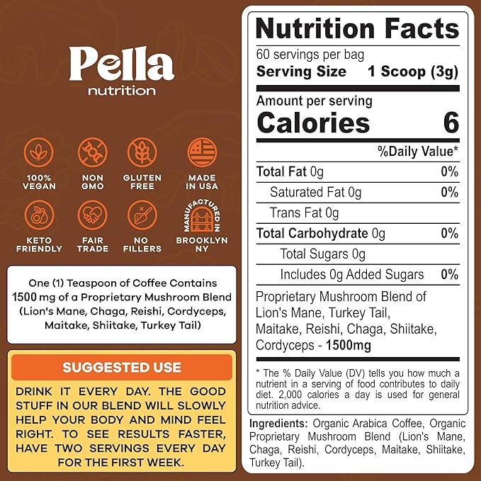 Low-Caffeine Mushroom Coffee (60 Servings) with 7 Superfood Mushrooms, Great Tasting Instant Coffee, Includes Lion's Mane, Reishi, Chaga, Cordyceps, Shiitake, Maitake, and Turkey Tail