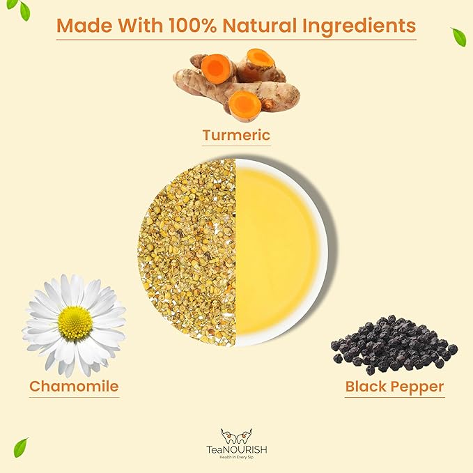 TeaNOURISH Chamomile Turmeric Herbal Tea | Calming and Relaxing | Chamomile, Turmeric, Black Pepper | Stress Buster | CAFFEINE-FREE | 100% NATURAL - 1.76oz/50g