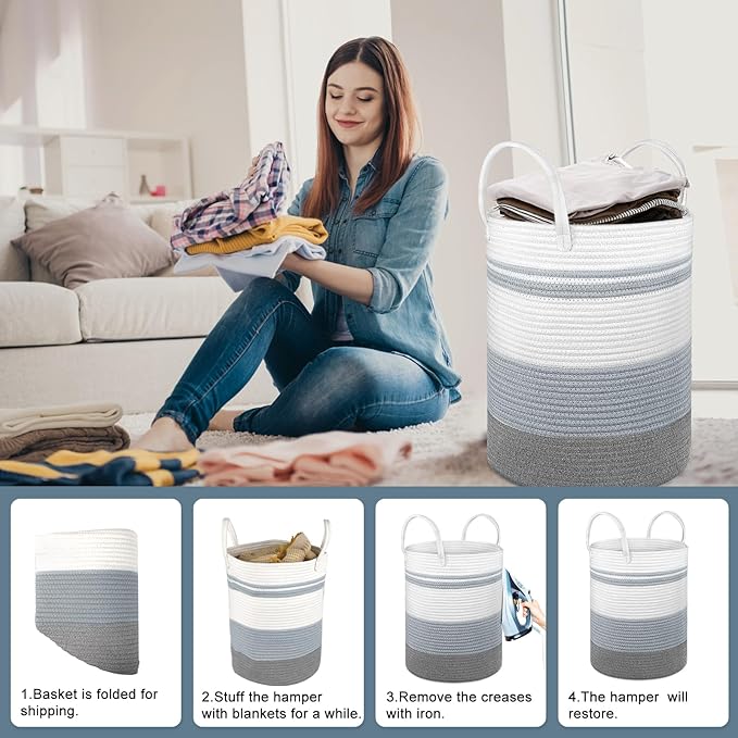 2 Pack Large Tall Rope Laundry Baskets, Cotton Laundry Hamper, Dirty Clothes Hampers Woven Basket, Blanket Basket Storage for Living Room, Dirty Clothes Baskets for Bedroom, Baby Room, 58L&28L Grey