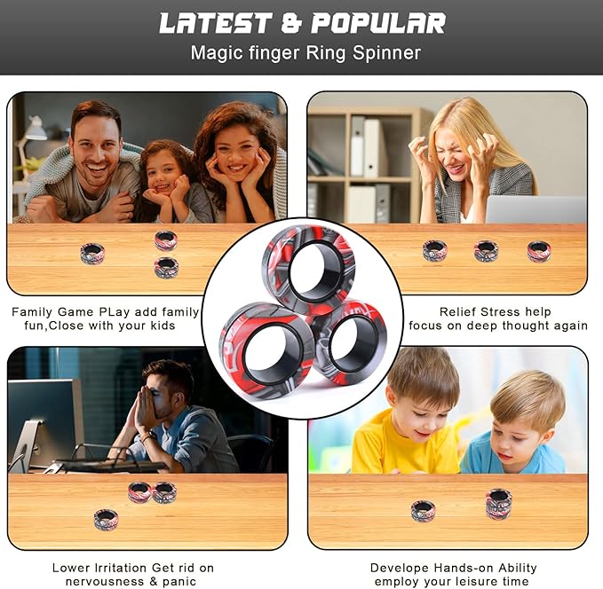 3Pcs Magnetic Rings Fidget Toy Set, Idea ADHD Anxiety Magnetic Fidget Toys Adults Fidget Spinner Rings for Relief, Christmas Stocking Stuffers Gifts for 8 9 10 11 12 13+ Year Old Teen Boy Girl B