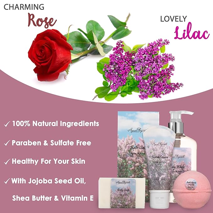 Spa Baskets For Women - Luxury Bath Set With Lilac & Rose Oil - Spa Kit Includes Wash, Bubble Bath, Lotion, Bath Salts, Body Scrub, Hand Cream, Shower Puff, Bathbombs, Soap and Towel