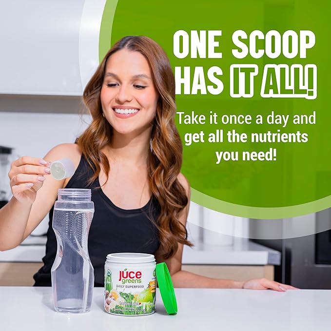 Terra Kai Organics JUCE Green Superfood Powder, Organic Fruits and Veggies Supplement W/ 77 Superfoods Plus Prebiotic Probiotic Blend, Harvest Apple Flavor - 20 Servings (250 g)