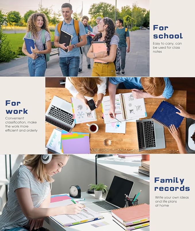 Hardcover Spiral Notebook journal with Removable Dividers Tabs, 300 Pages Leather 5 Subject Notebook College Ruled, 100GMS A5 Notebooks for Work School Note taking,Lined Journal for Women,A5 Navy