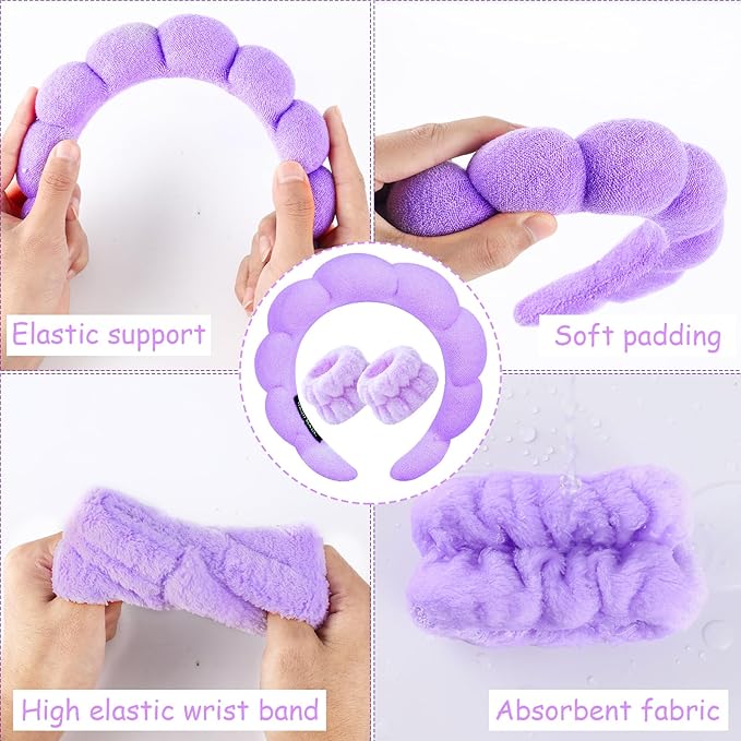 Zkptops Spa Headband for Washing Face Wristband Set Sponge Makeup Skincare Headband Terry Cloth Bubble Soft Get Ready Hairband Women Girl Puffy Padded Headwear Non Slip Thick Hair Accessory(Violet)