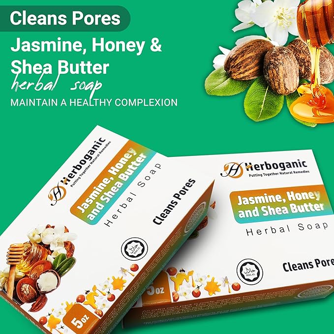 HERBOGANIC Jasmine Honey and Shea butter Herbal Soap | Pack of 6 of 5oz soap Bar | Ideal for Men and Women, Soothing and Nourishing Soap for Moisturization