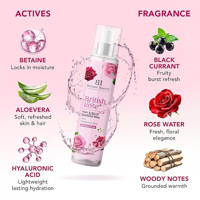 Botanic Hearth British Rose Hair & Body Perfume Mist with Hyaluronic Acid, Alcohol-Free, Refreshing & Hydrating Body Spray, Long Lasting Floral Fragrance, 100 ml / 3.4 fl oz