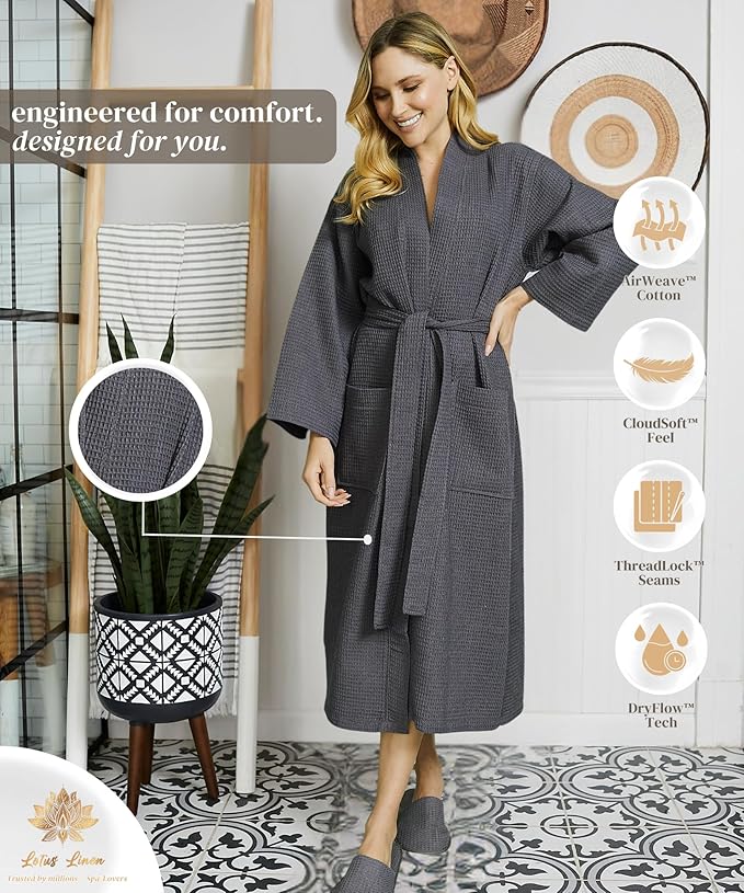 Lotus Linen Waffle Robes for Women - Lightweight Cotton Kimono Bathrobe - Long Soft Spa Bath Robe