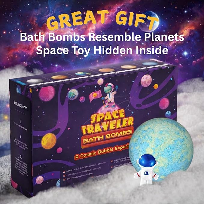 EvolutionUSA Space Bath Bombs for Boys & Girls, 6 Planet Bath Balls with Toy Hidden Inside, Organic Hypoallerganic Childrens Bathbombs, Cosmic Fun Space Surprise, Gift Set Birthday, Christmas, Easter