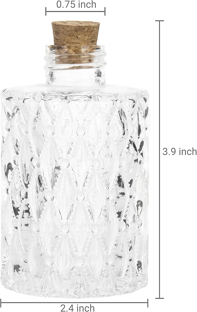 MyGift Small Clear Glass Reed Diffuser Bottles, Vintage Embossed Apothecary Style Flower Bud Vases with Cork Lids, Set of 2