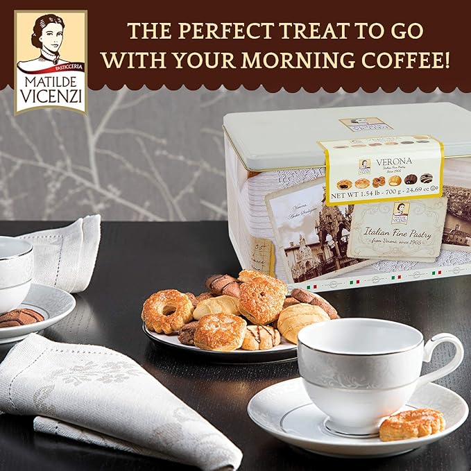Italian Fine Pastry Cookies Assortment From Verona | 6 Different Filling - Hazelnut Chocolate Milk, Raspberry Cashews Almond, Cocoa Cream & Shortbread Cocoa | 24.69 Oz Gift Box Tin