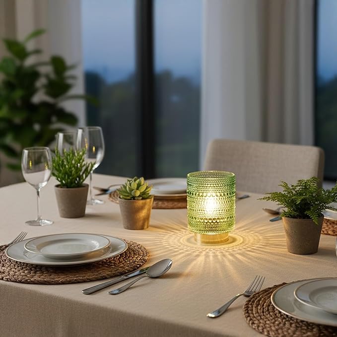 Battery Operated Lamp with Auto-Off Timer, Cordless Table Night Light for Bedroom & Entryway, Portable LED Lamp for Home, Outdoor, Camping No Battery Included (Pearl Design-Green)