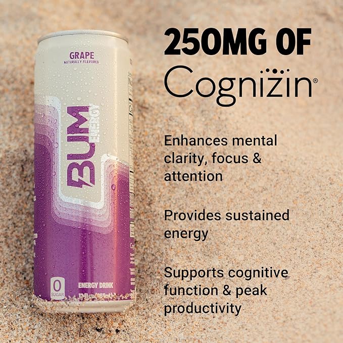 BUM Sugar-Free Energy Drink, Grape - Lightly Carbonated & No Artificial Colors, Natural Caffeine & Citicoline for Energy & Focus, Brain Boost & Workout Sports Beverage - 12 oz, Pack of 12