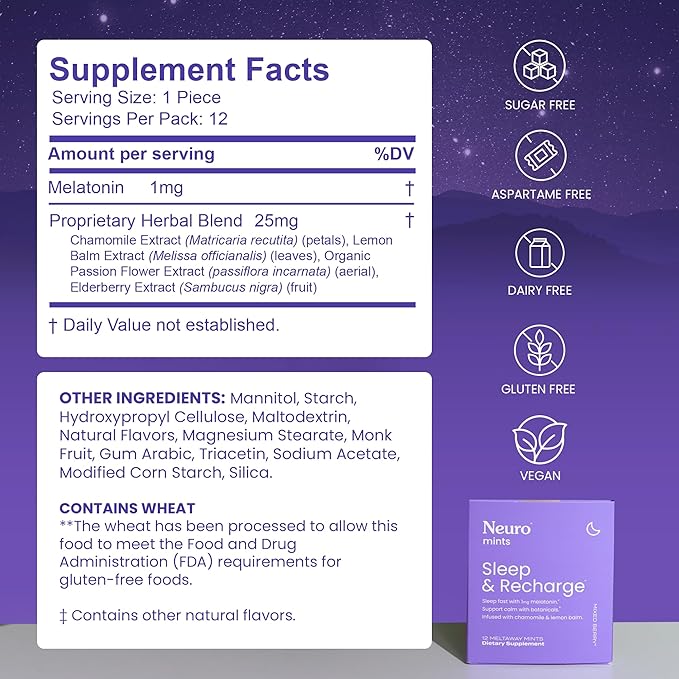 Neuro Melatonin 1 mg Sleep & Recharge Mints (144 Pieces) - Fast Dissolve Melatonin Sugar Free Mints with Lemon Balm & Chamomile for Better Sleep - Calm Sleep Supplement - Mixed Berry Flavor