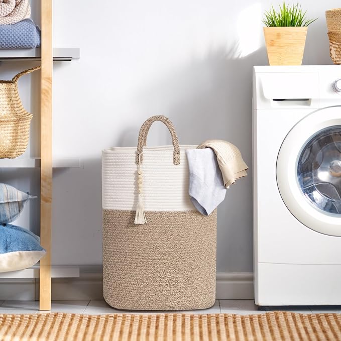 65L Woven Laundry Basket for Clothes, Large Rectangle Laundry Hampers with Beads Tassel, Nursery Storage Basket for Toys, Tall Dirty Clothes Hamper for Bedroom Aesthetic, Laundry Room Organization
