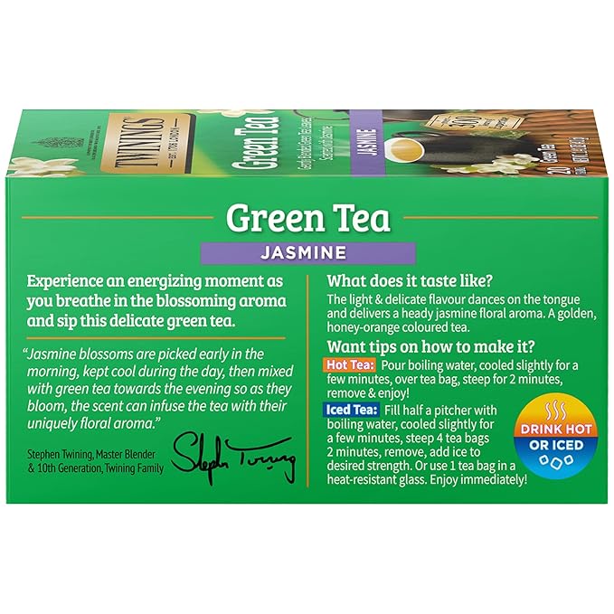 Twinings Green Tea with Jasmine Individually Wrapped Bags, 20 Count (Pack of 1), Fragrant Floral Scent, Caffeinated, Enjoy Hot or Iced, 20 Teabags