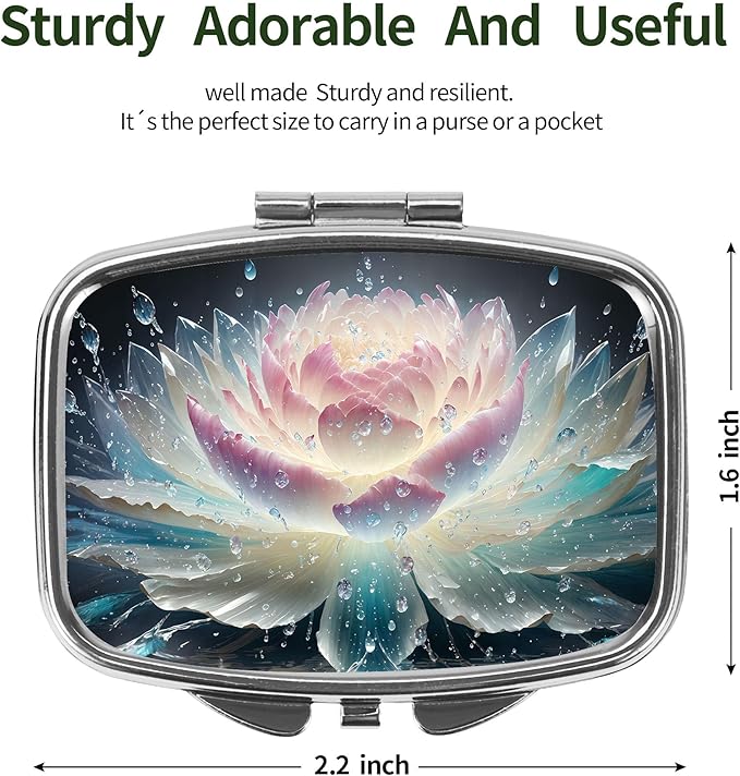 Dynippy Pill Case Pill Box with Mirror Retro Pocket 2 Compartment Medicine Case Vitamin Pill Organizer for Pocket Purse and Travel (Silver- Flower Water)
