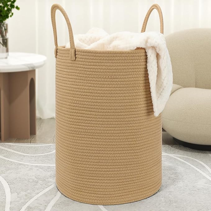 58L Cotton Rope Laundry Basket (20"x15"),Woven Basket for Storage Dirty Clothes Basket for Laundry, Living Room, Nursery, Bedroom Rope Storage Basket for Blankets（Brown）