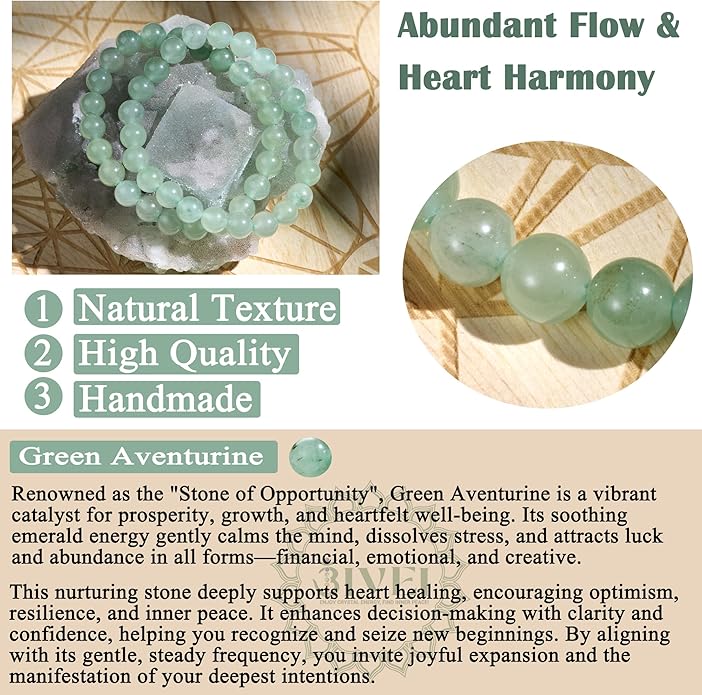 Bivei Natural Gemstone Semi Precious Healing Crystals Handmade Stretchy Round Beads Bracelet, Enhance Positive Energy