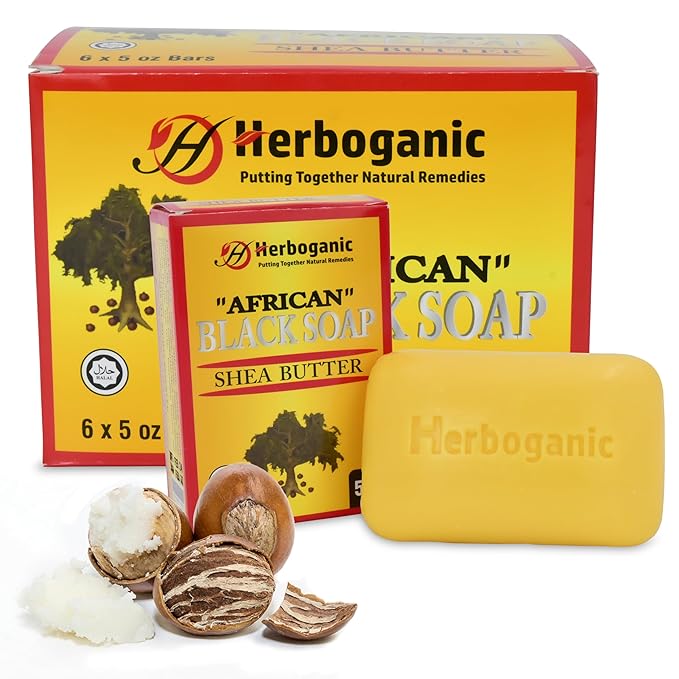 HERBOGANIC African black soap with Shea butter Herbal Soap | Pack of 6 of 5oz soap Bar | Ideal for Men and Women, Soothing and Nourishing Soap for Moisturization