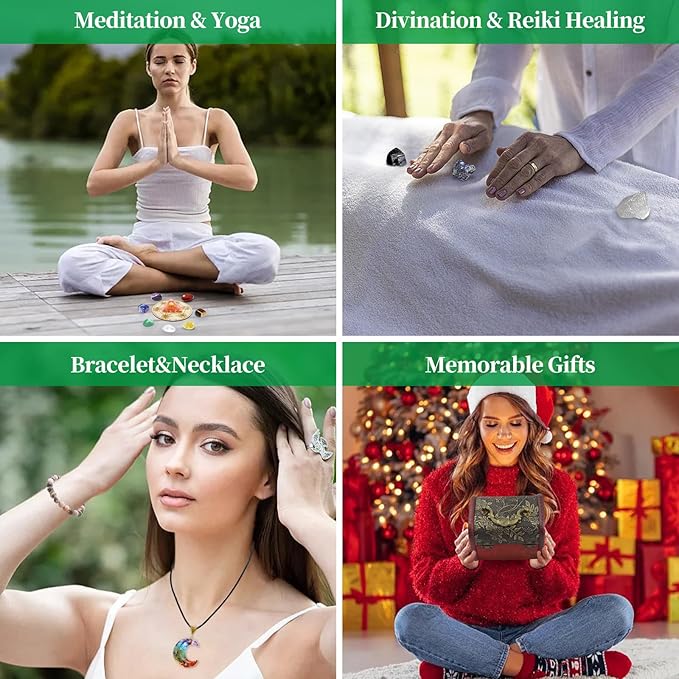 28 Pcs Healing Crystals and Stones, Chakra Crystal Set, 7 Chakra Stones Crystals Kit Pyramid Natural Real Raw Selenite Reiki Mditation for Beginners with Wooden Box, Crystal Gifts for Women