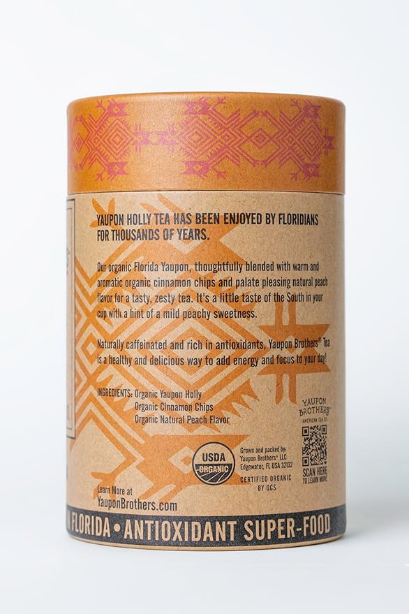 Yaupon Brothers Spiced Peach Yaupon Tea - 16 Eco-Friendly Yaupon Peach Tea Bags Crafted from Organic Peach Green Tea Ingredients & Antioxidant Rich - Pure Peach Tea Leaves in Fiber Bags