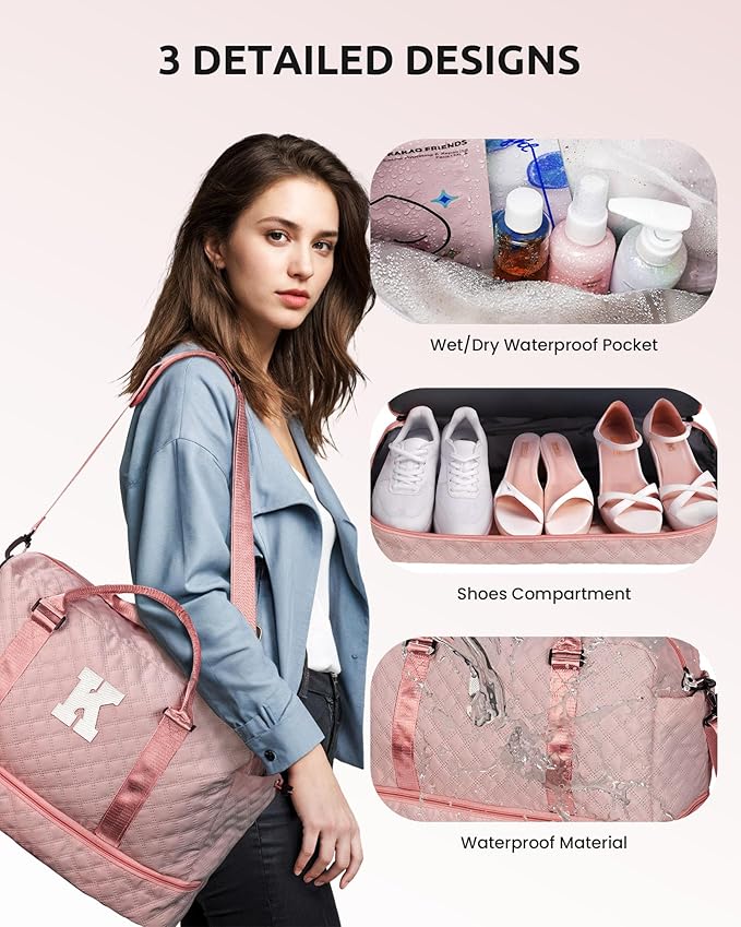 Gifts for Mom-Initial Duffle Bag with Shoe Compartment, Personalized Weekender Bag, Monogram Overnight Bag, Letter Travel Bag with Makeup Bag，Personalized Gifts Idea for Women Her (Letter F)
