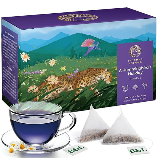 Blooms & Leopard Premium Herbal Tea with Chamomile, Rose Petals, Lavender, Valerian Root, Lemon Peel, 20 Herbal Tea Bags, caffeine-free - A Hummingbird's Holiday