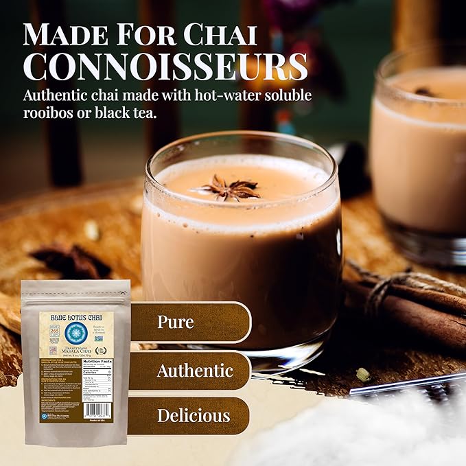 Blue Lotus Chai – Traditional Masala Chai - Makes 265 Cups – Just Add Hot Water, No Steeping, No Gluten - 8 Ounce Masala Spiced Chai Powder with Organic Spices – Authentic Indian Tea