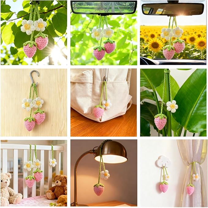 2 Pcs Strawberry Mirror Hanging Pendants, Kawaii Crochet Handmade Polyester Fiber Car Accessories for Women, Cute Car Decor Charm for Rearview Mirror,Decorations Gifts for Her