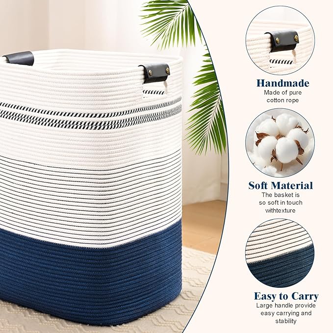Laundry Hamper, 95L Tall Laundry Basket with Leather Handles, Rectangle Large Clothes Hamper for Organizing, Cotton Woven Laundry Baskets Storage Hampers for Bedroom, Nursery, Living Room