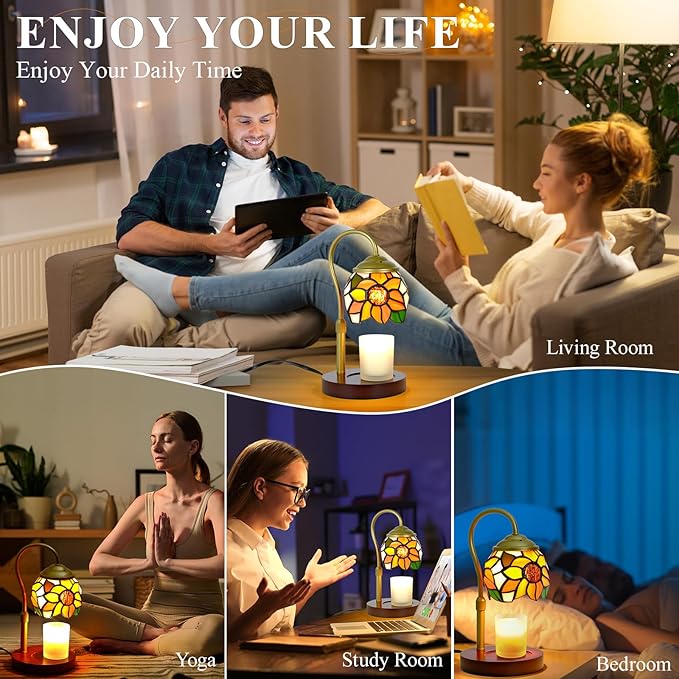 Candle Warmer Lamp - Electric Candle Lamps Timer Dimmer, Sunflower Tiffany Style Stained Glass Candle Warming Lamp Compatible with Jar Candles Gifts for Mom Friend Wax Melt Warmer for Home Decor