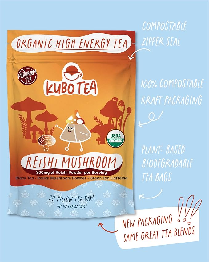 Kubo Tea Reishi Breakfast Black Tea - High Caffeine Reishi Tea w/ 20 Servings (155mg Caffeine Each) - Coffee Substitute Mushroom Tea Bags w/Pillow Bag Design, Biodegradable and Compostable Packaging