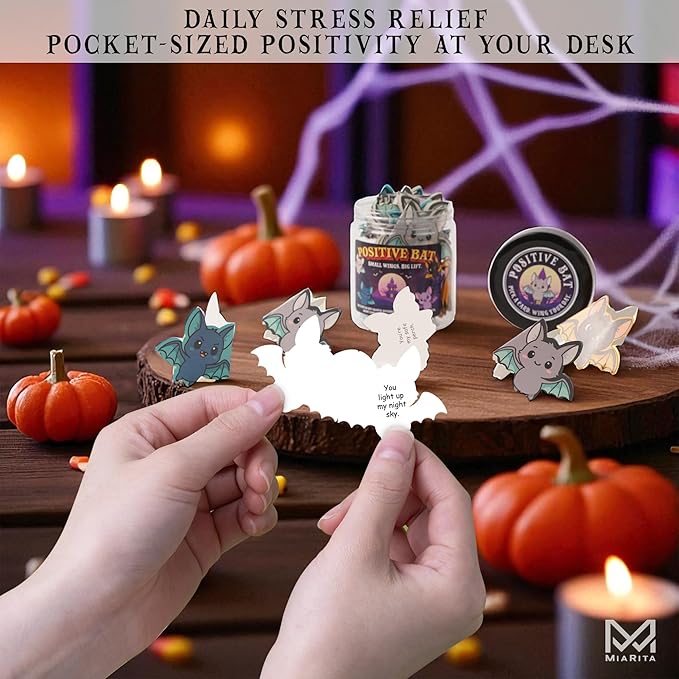 Positive Bat Jar, 60 Bat-Shaped Affirmation Cards, Cute Spooky Self Care, for Women & Teens, Halloween Basket Stuffers for Adults, Boo Basket Stuffers for Women