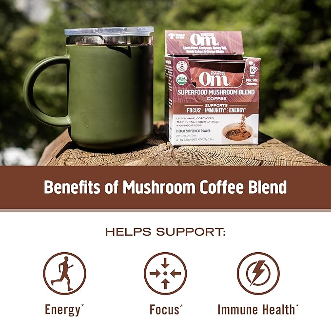 OM MUSHROOM SUPERFOOD Coffee Blend Mushroom Powder, 6.24 Ounce Canister, 30 Servings, Organic Arabica Beans, Lion's Mane, Cordyceps, Turkey Tail, Ginkgo Biloba, Supports Energy and Focus