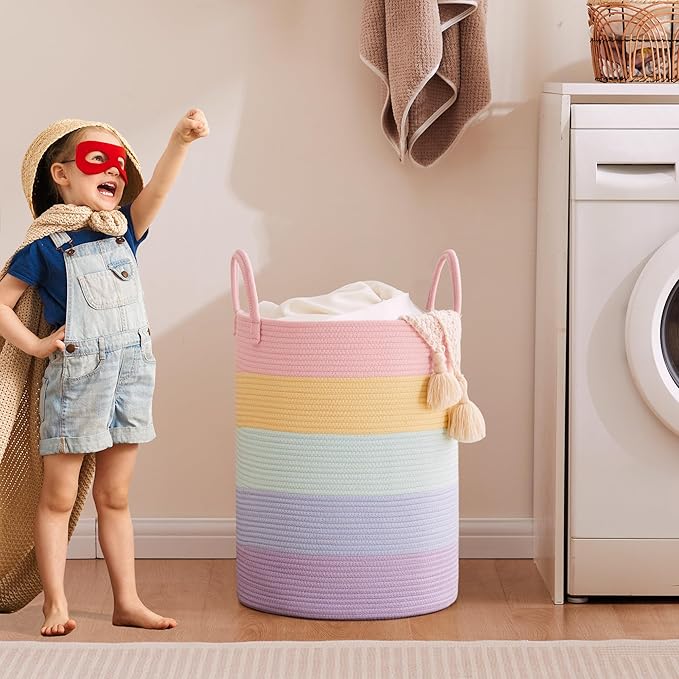 62L Hamper Laundry Basket for Baby Girls Kids Rainbow Nursery Hamper for Clothes Pastel Unicorn Woven Rope Blanket Basket for Toy in Playroom Bedroom Large