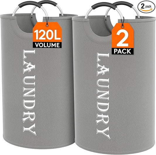 Lifewit 120L 2-Pack Large Laundry Basket, Collapsible Laundry Hamper with Aluminum Handles, Waterproof Freestanding Dirty Clothes Hampers for Laundry Room Bedroom Dorm Bathroom, Silver Grey