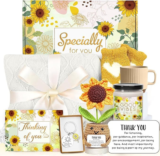 Gossby Gift Basket for Women - Happy Birthday Gift Set for Her, Mom, Sister, Friend, Coworker, Teacher - Get Well Soon, Appreciation, Thinking of You Sunflower Package - Thank You for Listening