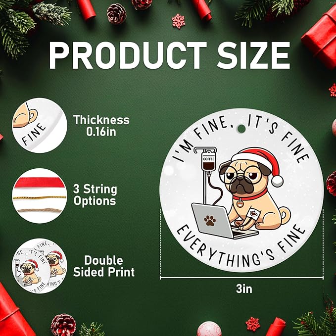 34HD Gifts for Christmas, Funny Pug Dog Christmas Ornament Ceramic 2-Side Printed, Coworkers Gifts for Men Women, Christmas Hanging Decorations
