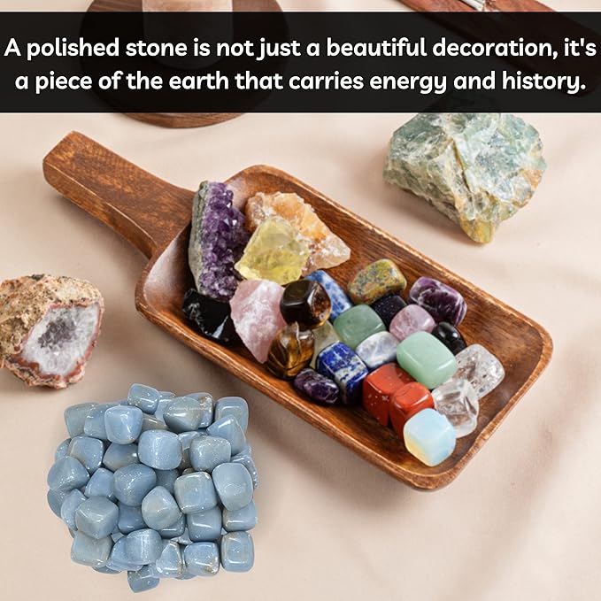 Amazing Gemstone Angelite Crystals and Healing Stones Tumbled - 1000+ Cratas, Natural Healing Stones for Energy Balance, Stress Relief - Premium Polished Gems Rocks for Meditation & Wellness