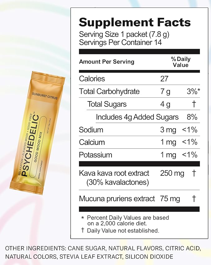 Calming Kava Drink Mix - Kava kava flavored drink mix - Easy Open Single-Serving - Flavored Kava - Mucuna Pruriens - Stevia - Adaptogen Mocktails - 14 Sticks - Sunburst Citrus