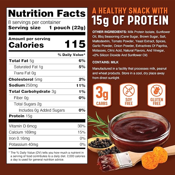Carolina BBQ High Protein Puffs - Low Carb Snacks, 15g of Protein, Healthy Gluten & Grain Free Snack Food - Low Calorie Guilt Free Keto Diet Friendly | 1g Sugar - Carolina BBQ Flavor - 8 Pack